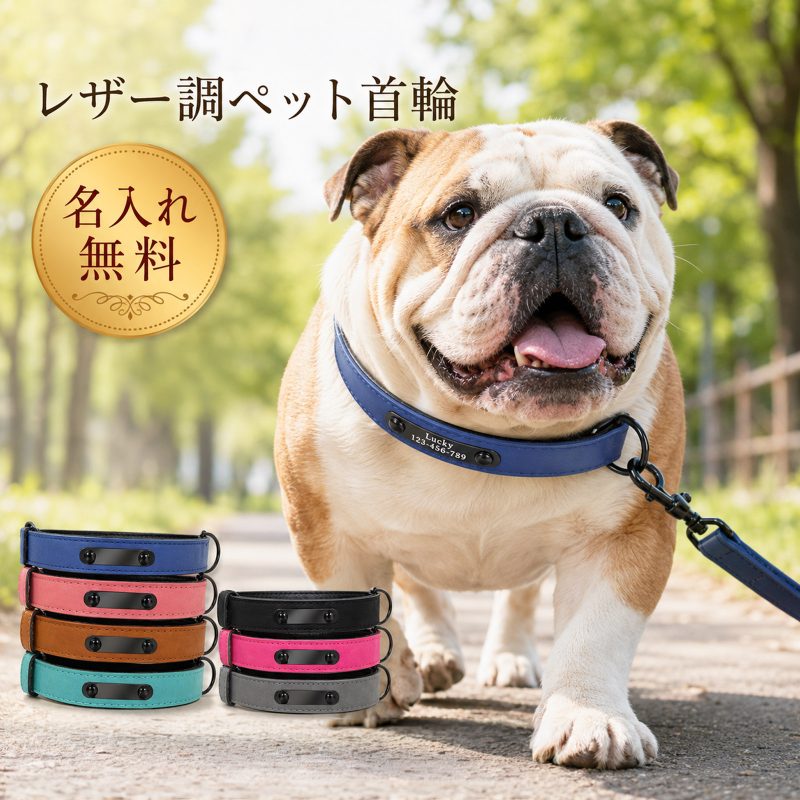 名入れ無料 首輪 犬 名入れ 迷子防止 刻印 メタルプレート レザー調 クッション 二層構造 やわらか 負担軽減 痛くない 調整可能 丁寧な縫製 5サイズ XS S M L XL 7色 ブラウン ブルー ピンク ローズレッド グリーン グレー ブラック 小型犬 中型犬 大型犬 散歩 ギフト