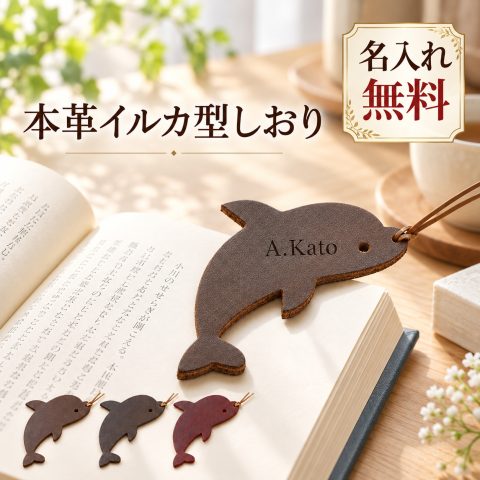 しおり 本革 イルカ 名入れ無料 ブックマーク ブックマーカー 栞 レザー 刻印 名前入り イニシャル オーダーメイド 紐付き おしゃれ かわいい 読書 文庫本 手帳 ノート 文房具 読書グッズ 動物モチーフ 読書好き ギフト プレゼント 誕生日 入学祝い 卒業祝い 退職祝い