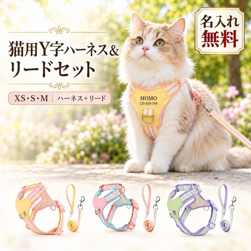 猫 ハーネス リード付き 猫用ハーネス Y字型 抜けにくい 脱走対策 メッシュ 通気性 首にやさしい サイズ調整 簡単装着 名入れ無料 名前入り 電話番号刻印 迷子対策 キャットハーネス お散歩 お出かけ 通院 防災 避難 子猫 成猫 かわいい 誕生日 記念日 プレゼント