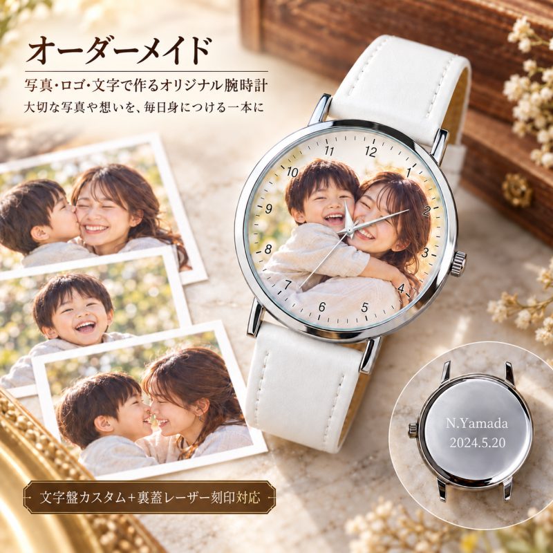 写真入り腕時計 オーダーメイド 腕時計 オリジナル時計 名入れ無料 刻印無料 文字盤 写真プリント 裏蓋刻印 クォーツ メンズ レディース 男女兼用 カスタムウォッチ 名前入り 記念日 メッセージ入り カップル 彼氏 彼女 プレゼント 誕生日 結婚記念日 退職祝い 卒業祝い