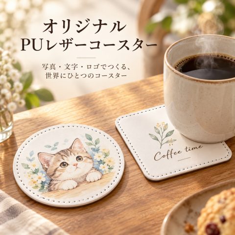 コースター 写真入り オリジナルコースター 名入れ無料 PUレザー 合皮 丸型 写真プリント オーダーメイド 画像プリント イラスト ロゴ 文字入れ 名前入り うちの子 ペット 犬 猫 子供 孫 家族写真 推し活 ノベルティ 記念品 プチギフト 誕生日 結婚祝い 開店祝い 卒業記念